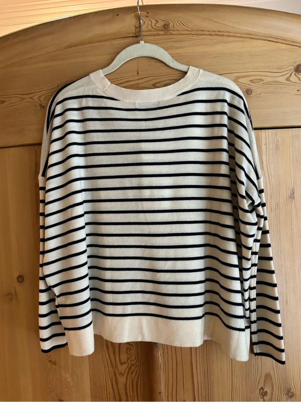 J. Crew Cream and Black Striped Crewneck Sweater
